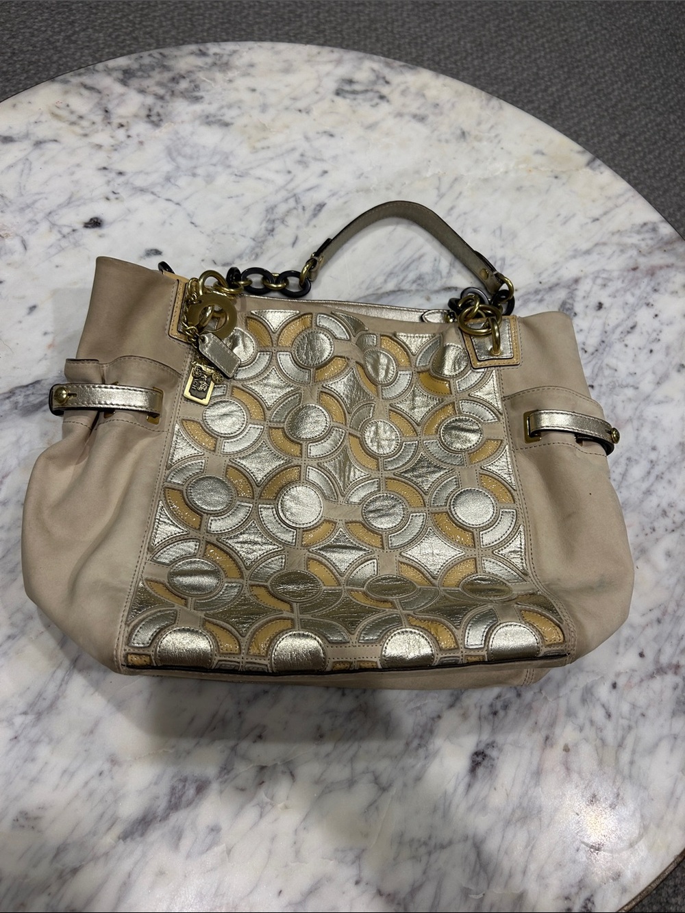 Coach Beige and Gold Women’s Tote Bag- SUEDE